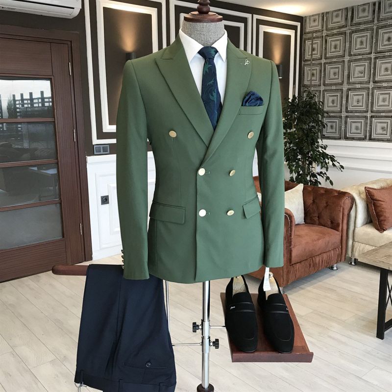 Lime Green Peaked Lapel Double Breasted Bespoke Men Suits | Allaboutsuit