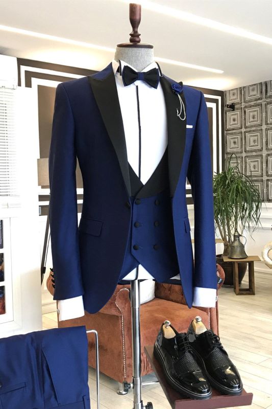 Noah Royal Blue 3-pieces Black Peaked Lapel Business Men Suits