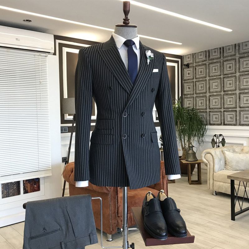 Milo Classic Black Striped Double Breasted Peaked Lapel Business