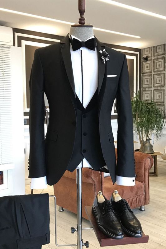 Devin Elegant 3-pieces Black Notched Lapel Business Men Suits