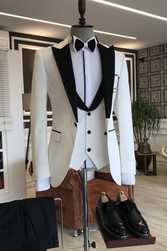 Carl Smart 3-pieces White Prom Men Suits mixed Black Peaked Lapel
