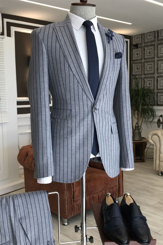 Myron Gray Striped Peaked Lapel Slim Fit Formal Business Men Suits