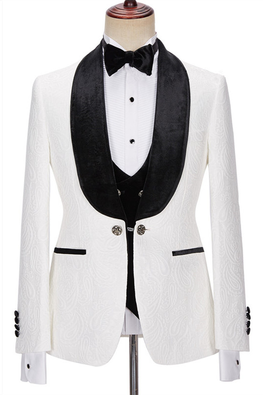 New Arrival White Jacquard Three Pieces Wedding Men Suits with Velvet Lapel