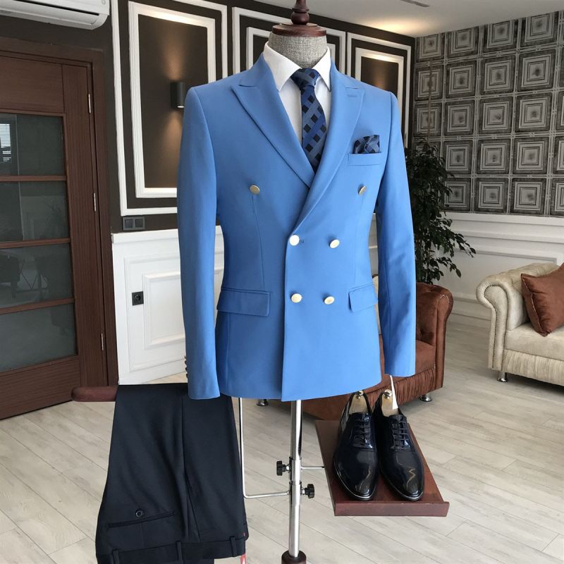 Solomon Solid Blue Peaked Lapel Double Breasted Business Men Suits