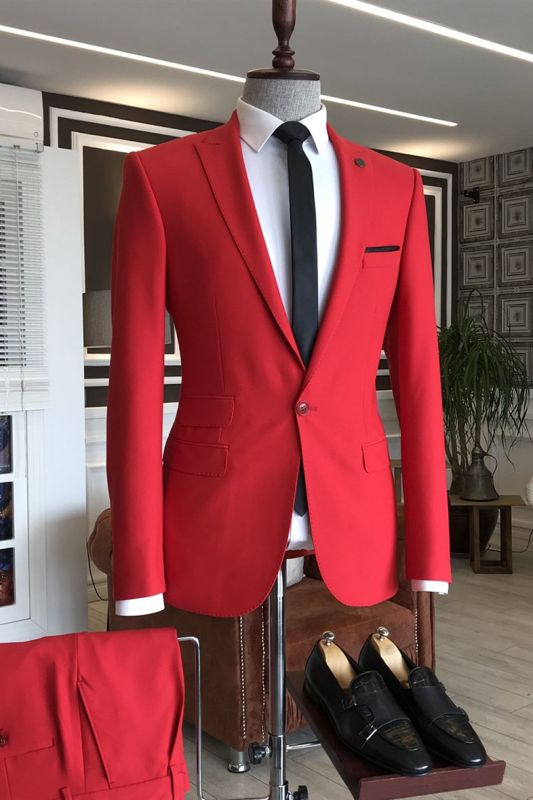 Beacher Red Peaked Lapel Slim Fit Bespoke Prom Men Suits