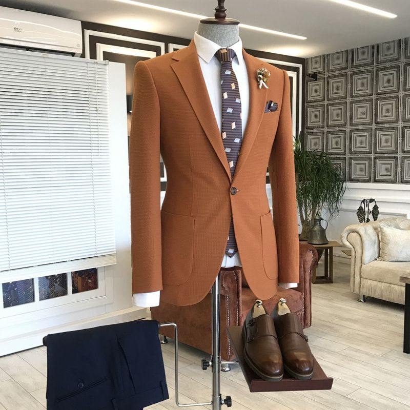 Orange Notched Lapel Men Suit with Short Pants main image 1