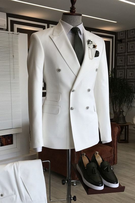 Les Stylish White Peaked Lapel Double Breasted Formal Business Men Suit