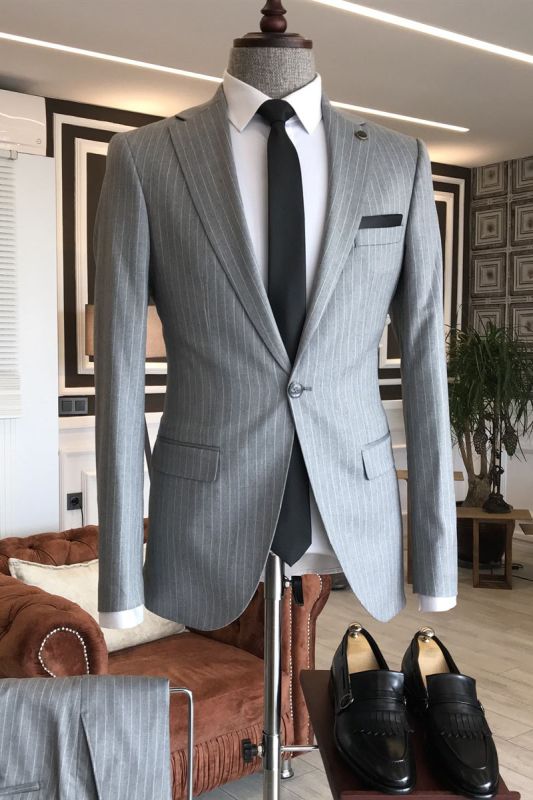 Quinn Formal Gray Striped Notched Lapel Slim Fit Business Men Suits