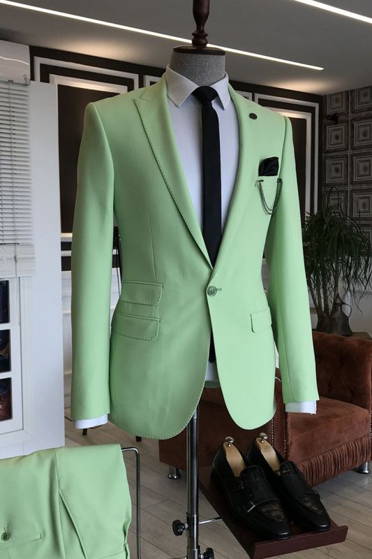 David Light Green Peaked Lapel 3 Flaps Mens Prom Suits