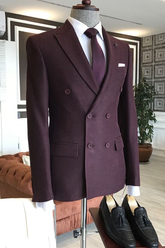 Nathan Burgundy Double Breasted Bespoke Business Suits For Men