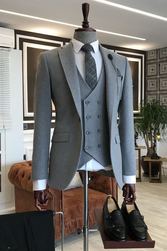 Primo Gray 3-Pieces Notched Lapel Fashion Business Men Suits
