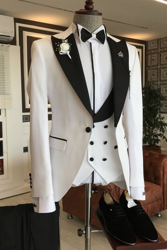 Leo Stylish White 3-Pieces Black Peaked Lapel Double Breasted Waistcoat Bespoke Business Suits