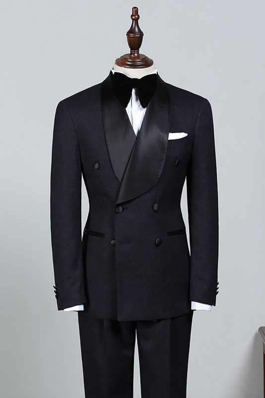 Solomon Classic All Black Double Breasted Bespoke Wedding Suit For Grooms