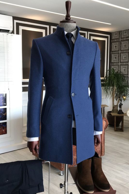 Michael Navy Blue Stand Collar Slim Fit Tailored Winter Jacket For Business