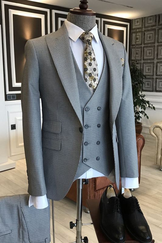 Noah Formal Black Small Plaid Peaked Lapel One Button Tailored Business Suits For Men