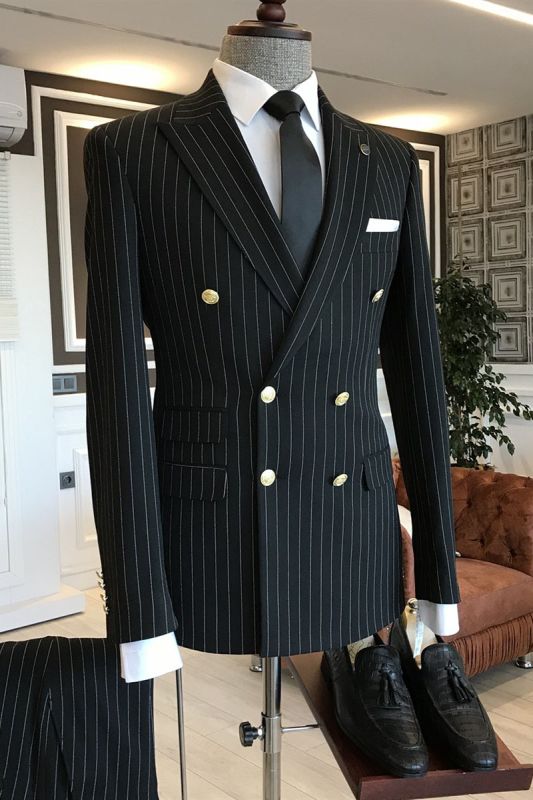 Tab Trendy Black Striped Peaked Lapel Double Breasted Business Suits For Men