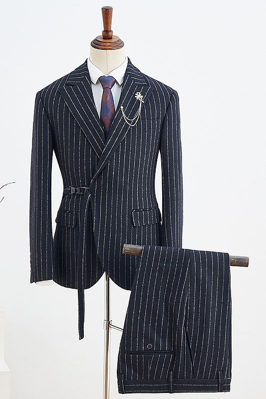 Bernard Stylish Black Striped With Adjustable Belt Slim Fit Business Suit