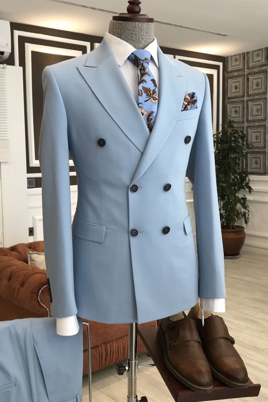 Paddy Fashion Blue Peaked Lapel Double Breasted Best Business Suits For Men