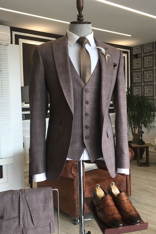 Hale Burgundy Small Plaid 3-Pieces Slim Fit Bespoke Business Suits