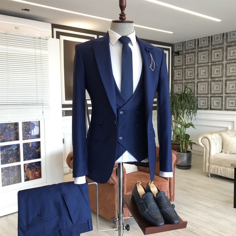 Owen Modern Navy Blue 3-Pieces Peaked Lapel Slim Fit Business Men Suits ...