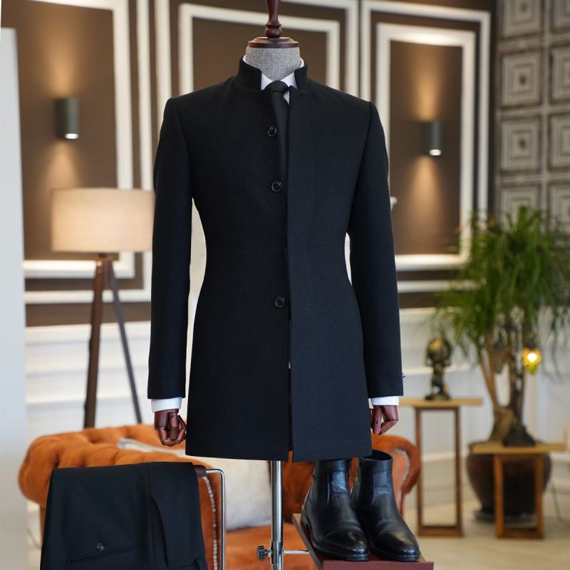 Mark All Black Stand Collar Slim Fit Bespoke Wool Jacket For 