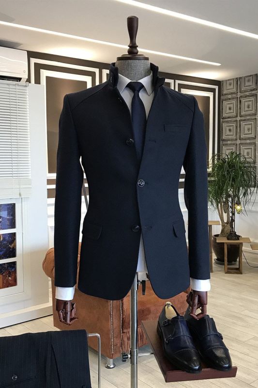 Leo Formal Navy Blue Stand Collar One Button Slim Fit Wool Coat For Business