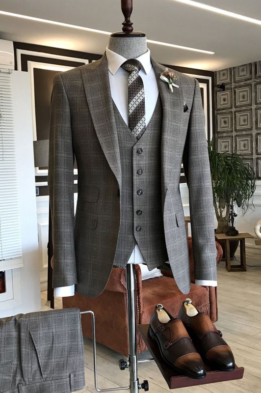 Felix Formal Small Plaid Peaked Lapel Bespoke Slim Fit Men Suits