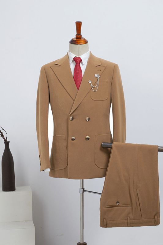 Bart Fashion Camel Double Breasted Slim Fit Custom Business Suit