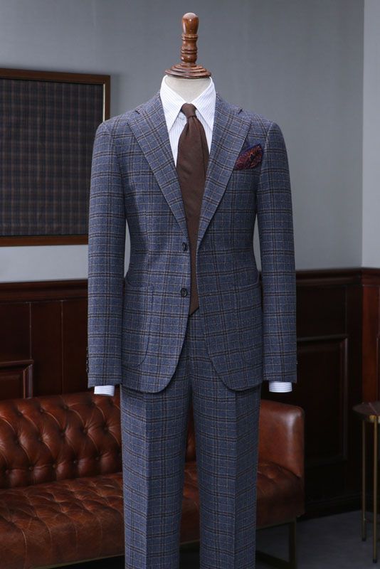Antoine Formal Navy Blue Small Plaid Notched Lapel Slim Fit Bespoke Suit