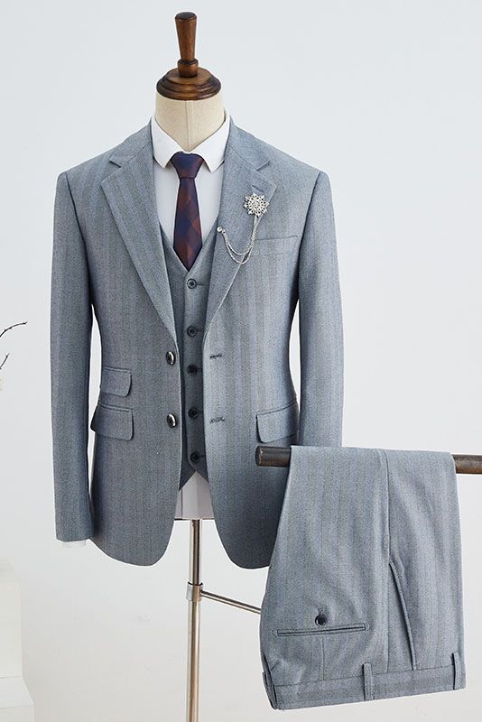 Cedric Formal Gray Striped 3 Pieces Notched Lapel Slim Fit Custom Business Suit