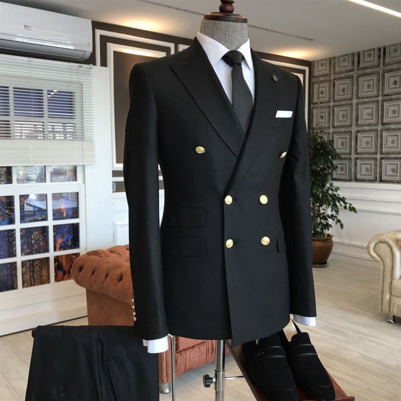 Regan Traditional All Black Peaked Lapel Double Breasted Tailored