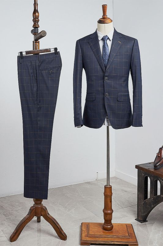 Beau Modern Navy Blue Plaid 2 Pieces Slim Fit Business Suit