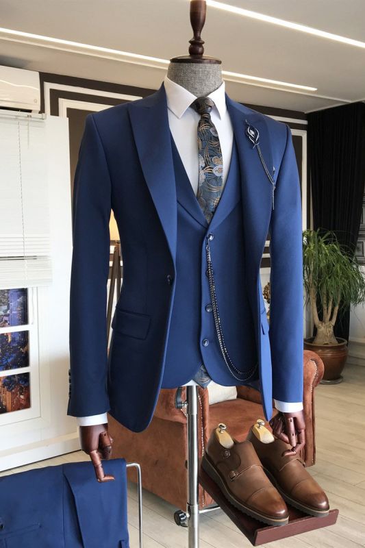 Alan Fashion Royal Blue Peaked Lapel Slim Fit Men Suits For Business
