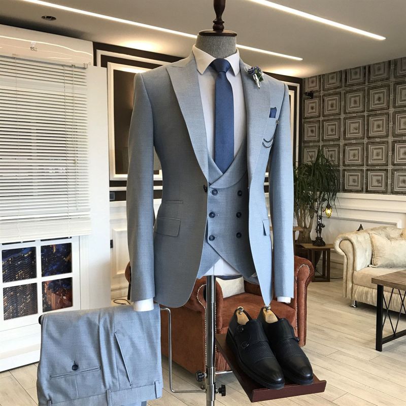 Dick Unique Blue 3 Pieces Double Breasted Waistcoat Slim Fit