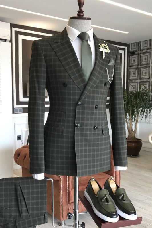 Beacher Handsome Black Plaid Double Breasted 2 Flaps Business Suits For Men