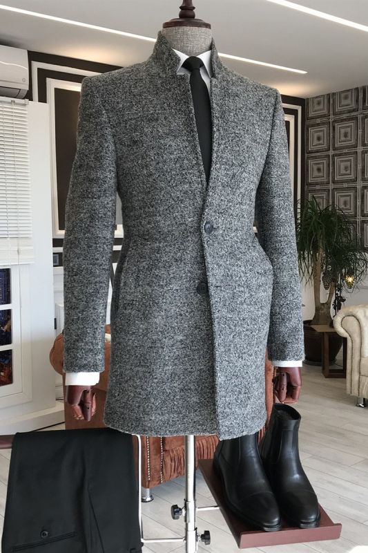 Andre Dark Gray Stand Collar Bespoke Business Wool Jacket For Men