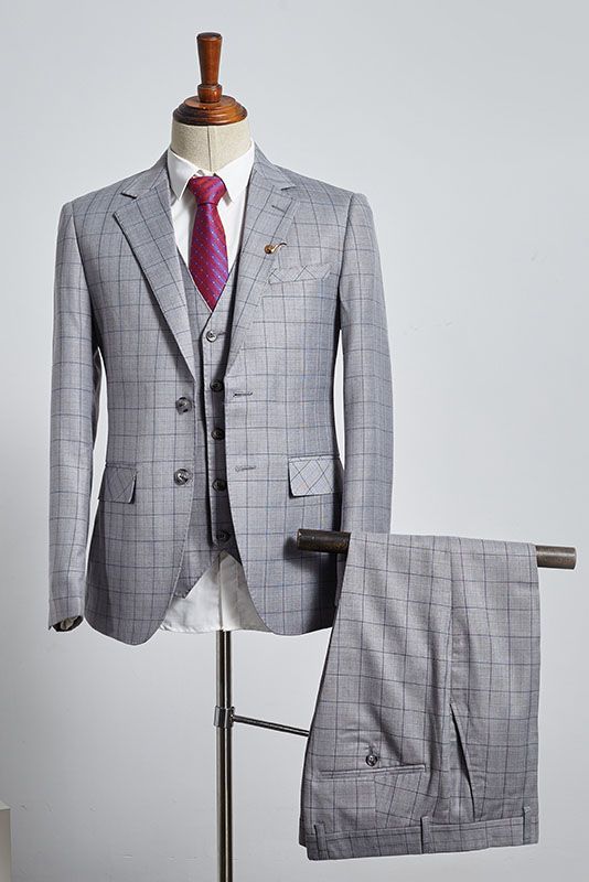 Buck Trendy Gray Plaid 3 Pieces Slim Fit Tailored Business Suit