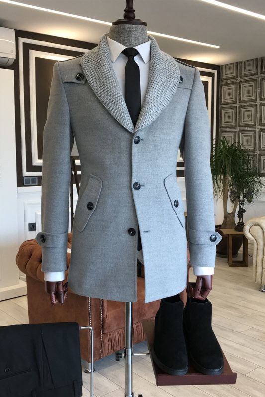 Alan Trendy Gray Knitted Shawl Lapel Bespoke Winter Blazer For Men