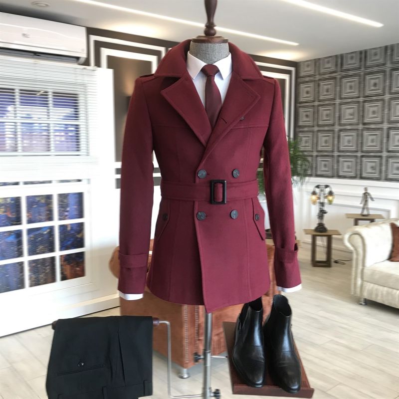 Ken Stylish Burgundy Double Breasted With Belt Slim Fit Wool Jacket ...