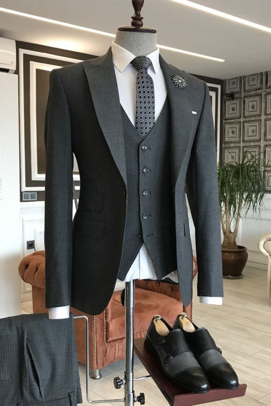 Devin Black Velvet 3-Pieces Peaked Lapel One Button Men Suits For Business