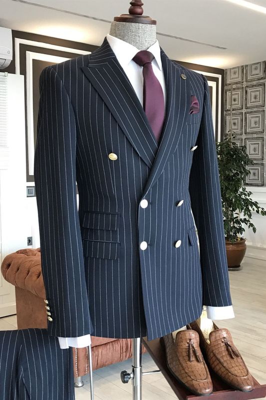 Hogan Modern Navy Blue Striped Peaked Lapel Double Breasted Slim Fit Business Men Suits