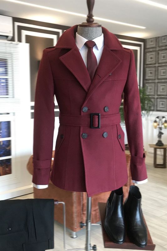 Ken Stylish Burgundy Double Breasted With Belt Slim Fit Wool Jacket