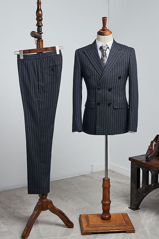 Bradley Formal Black Striped Peaked Lapel Double Breasted Bespoke Business Suit