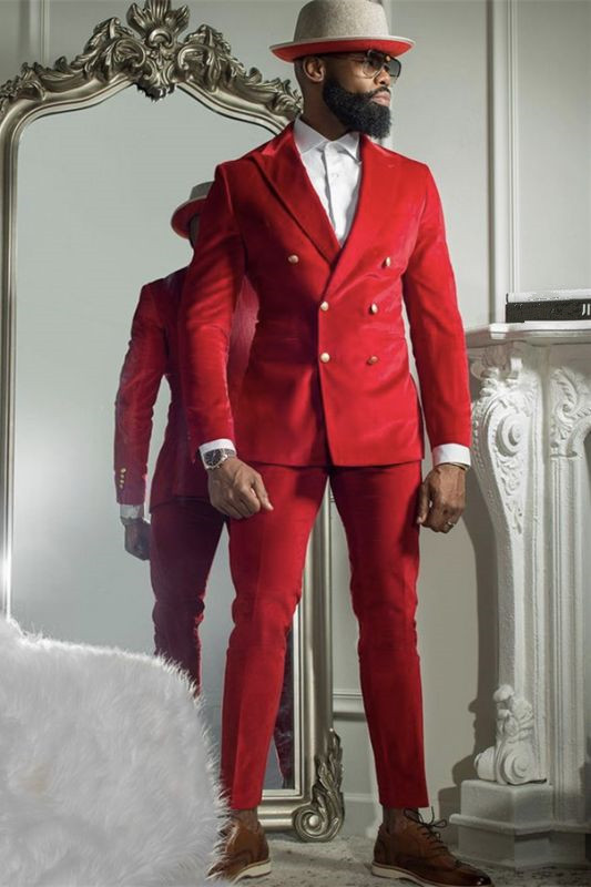 Abraham Red Velvet Double Breasted Peaked Lapel Prom Suits
