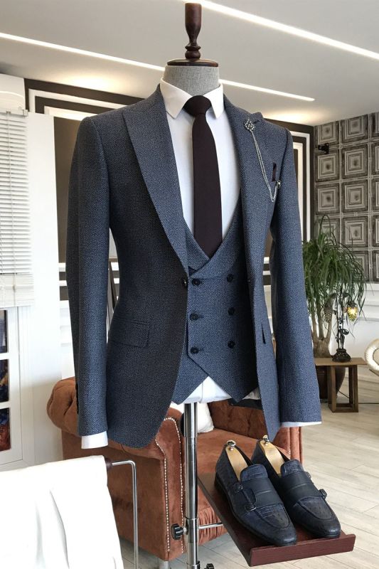 Devin Modern Dark Blue Plaid 3-Pieces Peaked Lapel One Button Slim Fit Business Suits