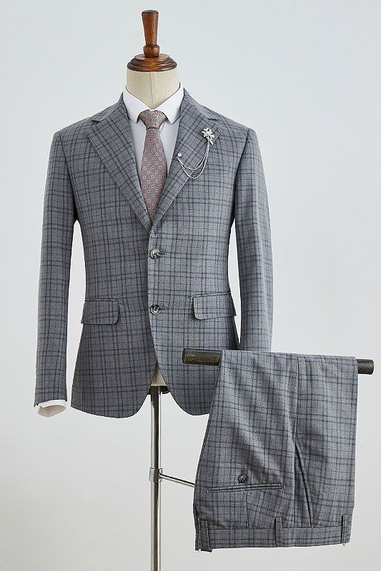 Bishop Trendy Gray Plaid Slim Fit Tailored Business Suit For Men