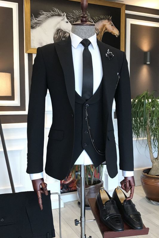 Noah All Black 3-Pieces Peaked Lapel Business Suits For Men | Allaboutsuit