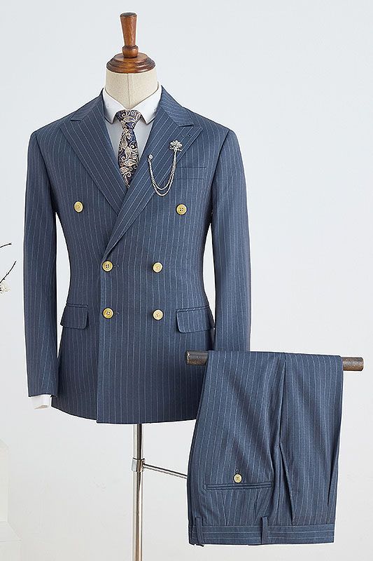 Berton Trendy Navy Blue Striped Double Breasted Slim Fit Tailored Business Suit