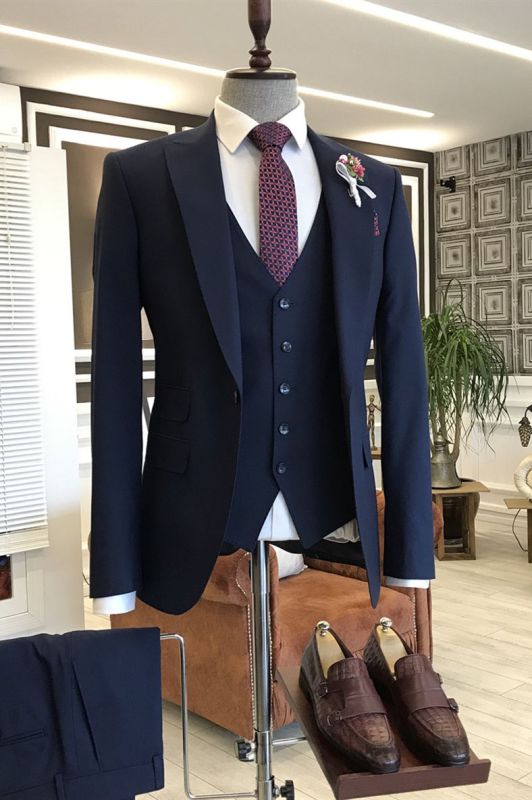 Joyce Modern Navy Blue Peaked Lapel Slim Fit Men Suits For Business