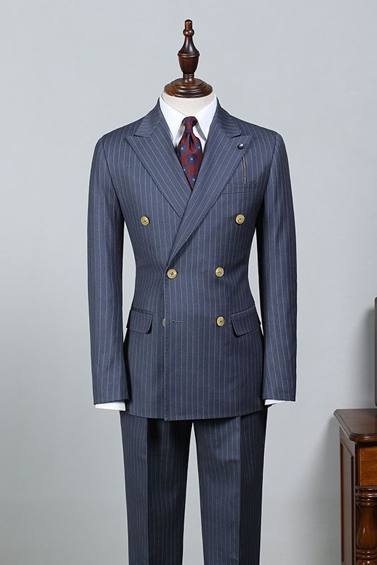 Jack New Navy Blue Striped Peaked Lapel Tailored Business Suit
